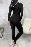 Black Casual Solid Split Joint Hooded Collar Skinny Jumpsuits