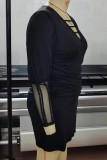 Black Sexy Solid Patchwork Mesh V Neck Dresses