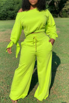 Fluorescent Green Casual Solid Split Joint Oblique Collar Plus Size Two Pieces