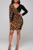 Black Sexy Print Leopard Hollowed Out Patchwork V Neck A Line Dresses
