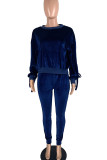 Blue Casual Solid Patchwork Frenulum With Bow O Neck Long Sleeve Two Pieces