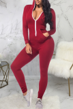Burgundy Casual Solid Split Joint Hooded Collar Skinny Jumpsuits