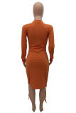 Orange Fashion Casual Solid Bandage Draw String O Neck Long Sleeve Dresses