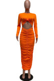 Orange Fashion Casual Solid Hollowed Out Fold O Neck Long Sleeve Dresses