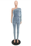 Light Blue Fashion Casual Solid Patchwork Oblique Collar Regular Jumpsuits