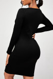 Black And White Sexy Solid Patchwork Buttons Asymmetrical Contrast U Neck One Step Skirt Dresses