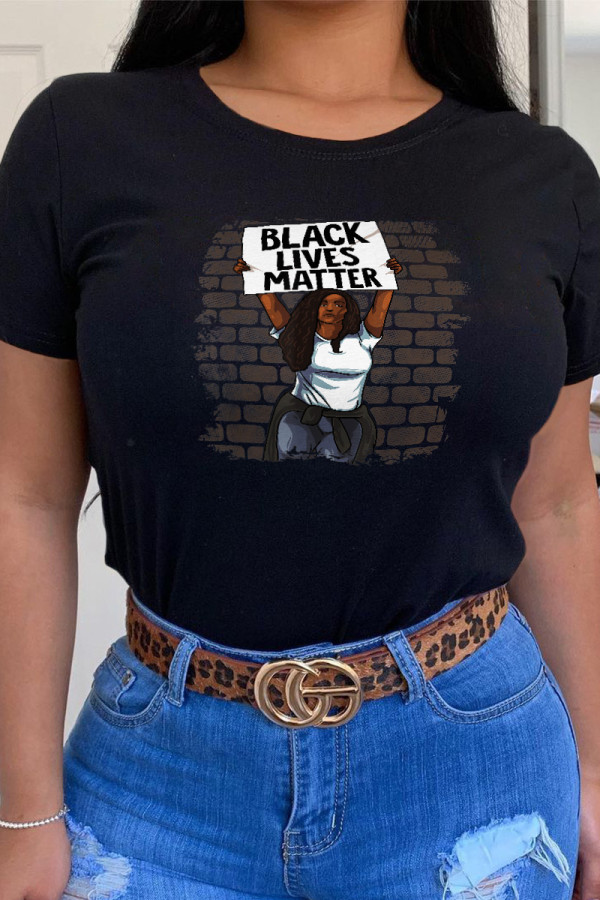 Black Casual Daily Character Patchwork O Neck T-Shirts