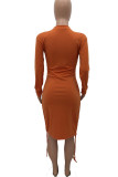 Tangerine Sexy Solid Patchwork Draw String Fold O Neck Pencil Skirt Dresses