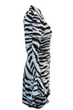 Zebra Fashion Sexy Animal Print Patchwork Turndown Collar One Step Skirt Dresses