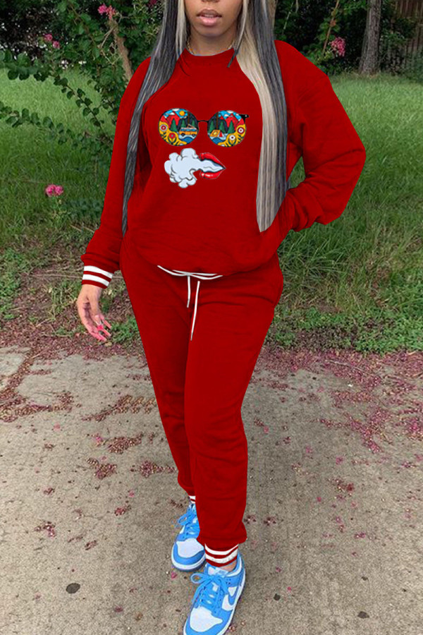 Red Casual Sportswear Print Patchwork O Neck Long Sleeve Two Pieces