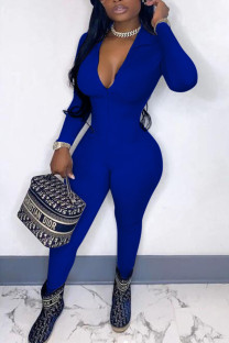Colorful Blue Sexy Solid Split Joint Zipper Collar Skinny Jumpsuits