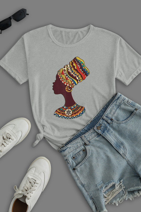 Grey Street Daily Print Patchwork O Neck T-Shirts