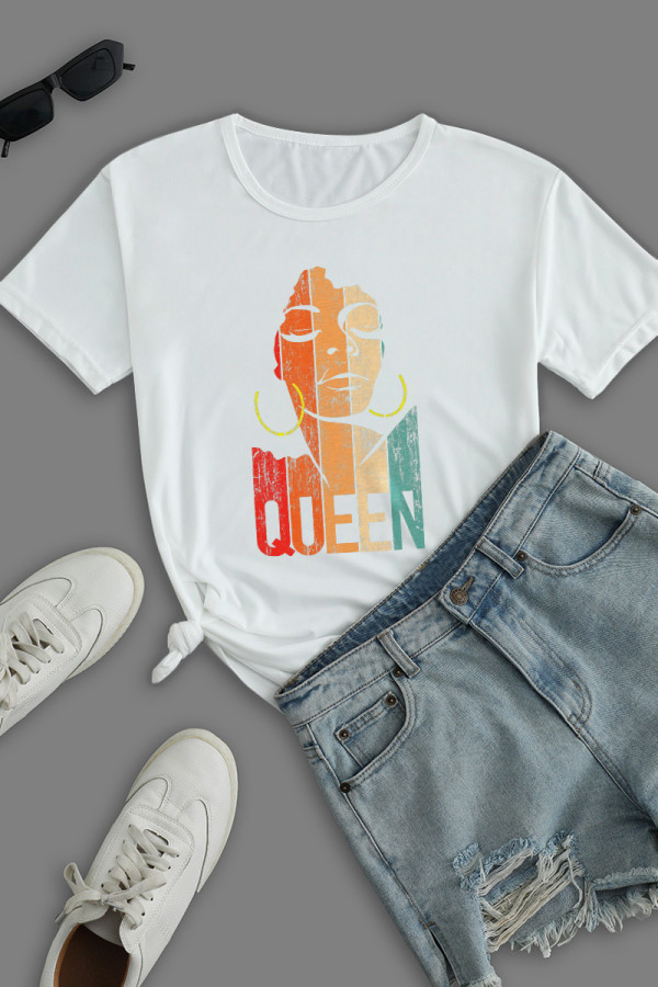 White Street Print Patchwork O Neck T-Shirts