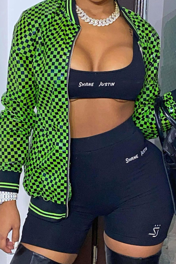 Green Street Plaid Print Patchwork Zipper Outerwear