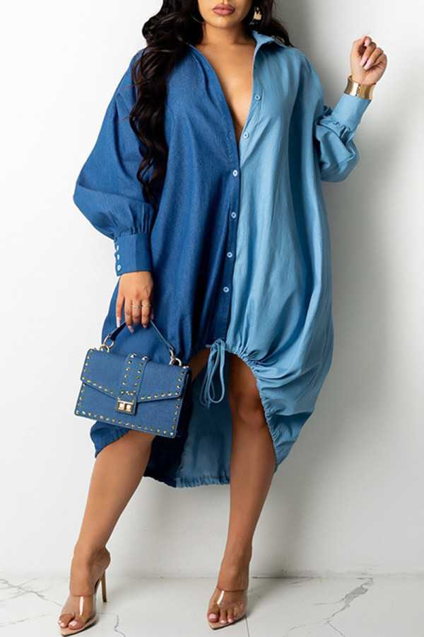 Deep Blue Fashion Casual Patchwork Basic Turndown Collar Long Sleeve Dresses