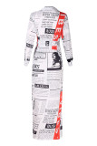 White Fashion Street Print Slit Turndown Collar Irregular Dresses