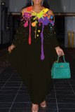 Black Elegant Print Hollowed Out Patchwork Asymmetrical Zipper V Neck Lantern Skirt Dresses