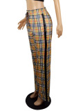 Khaki Casual Plaid Print Patchwork Straight High Waist Straight Full Print Bottoms
