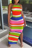 Multicolor Fashion Sexy Striped Print Slit Spaghetti Strap Long Dress