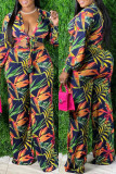 Blue Fashion Casual Print Bandage V Neck Long Sleeve Two Pieces