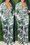 Blue Fashion Casual Print Bandage V Neck Long Sleeve Two Pieces