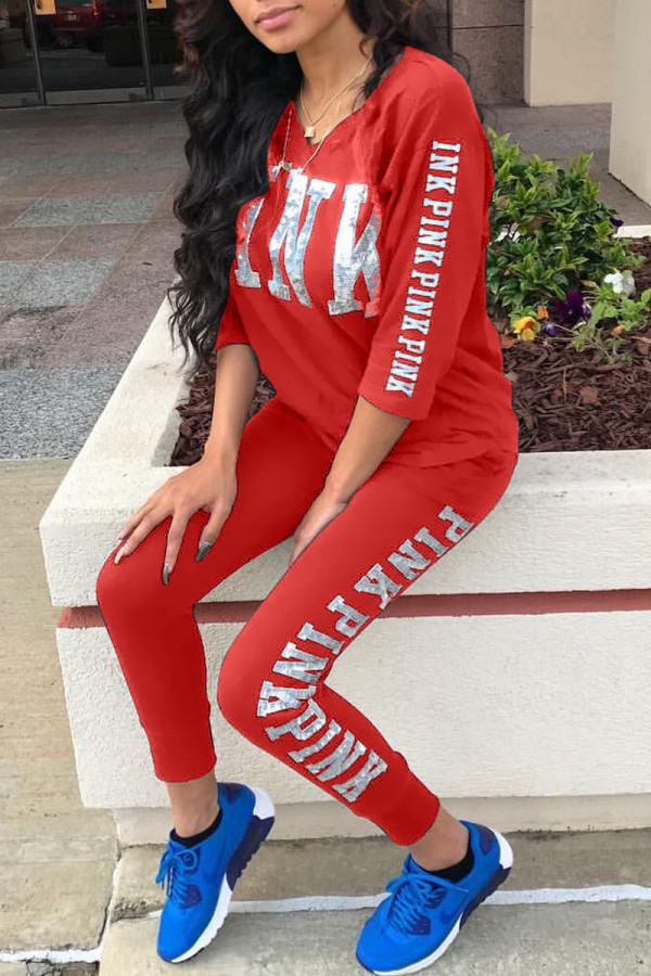 Red Casual Print Patchwork V Neck Half Sleeve Two Pieces