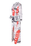White Fashion Street Print Slit Turndown Collar Irregular Dresses