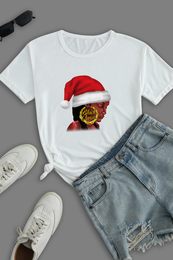 White Daily Party Print Patchwork O Neck T-Shirts