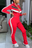 Red Fashion street Striped Long Sleeve O Neck Jumpsuits
