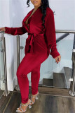 Red Fashion Casual Solid Patchwork V Neck Long Sleeve Two Pieces