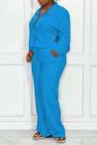 Blue Casual Solid Patchwork Buckle Asymmetrical Turndown Collar Long Sleeve Two Pieces