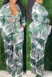 Blue Fashion Casual Print Bandage V Neck Long Sleeve Two Pieces