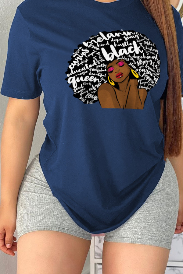 Navy Blue Casual Street Print Patchwork Letter O Neck T-Shirts