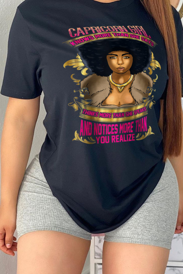 Black Daily Party Print Patchwork O Neck T-Shirts