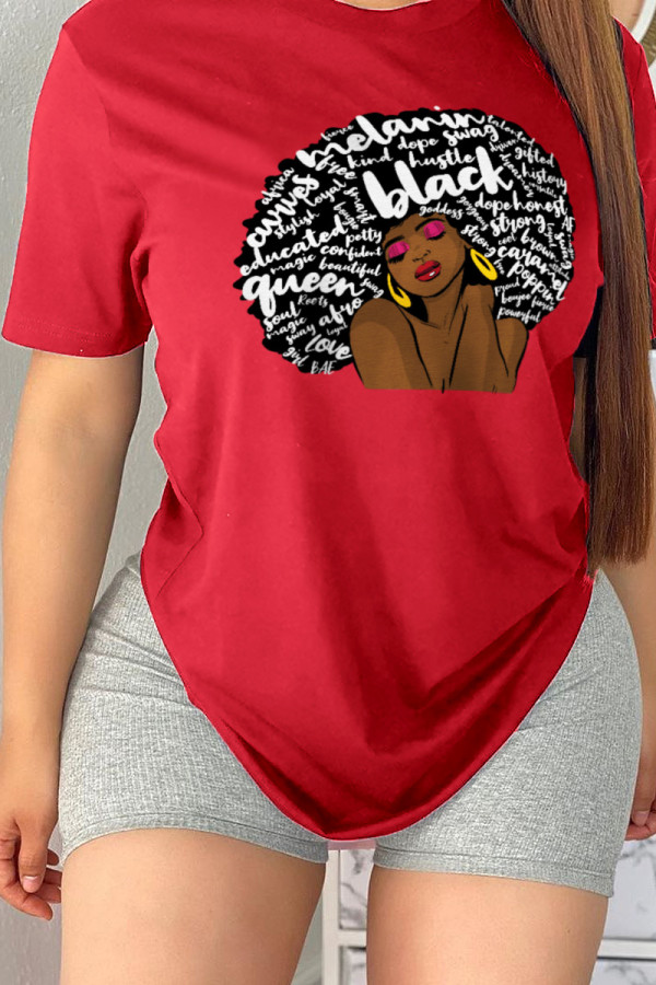 Red Casual Street Print Patchwork Letter O Neck T-Shirts
