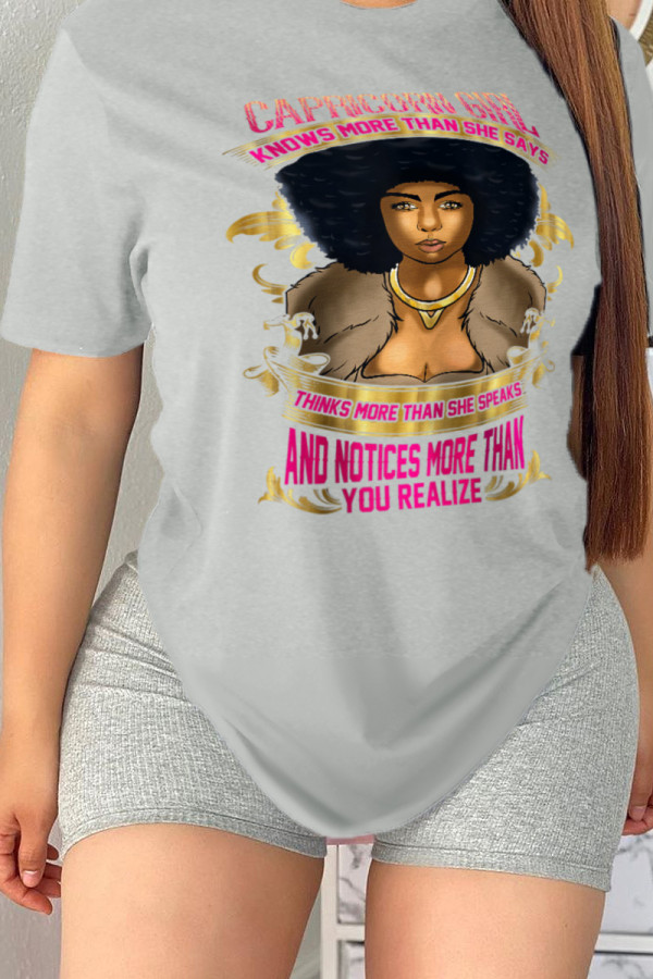 Grey Daily Party Print Patchwork O Neck T-Shirts