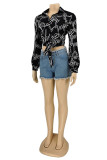 Black Fashion Casual Print Basic Turndown Collar Tops