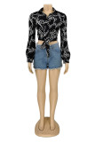 Black Fashion Casual Print Basic Turndown Collar Tops