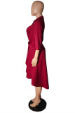 Burgundy Fashion Casual Solid Asymmetrical Turndown Collar Shirt Dress Dresses