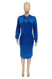 Blue Fashion Casual Solid Slit Hooded Collar Long Sleeve Dresses