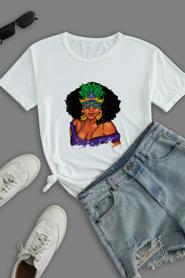 White Fashion Casual Print Patchwork O Neck T-Shirts