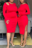 Red Elegant Solid Hollowed Out Patchwork Slit O Neck One Step Skirt Dresses
