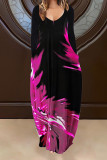 Rose Red Casual Print Patchwork V Neck Long Sleeve Dresses