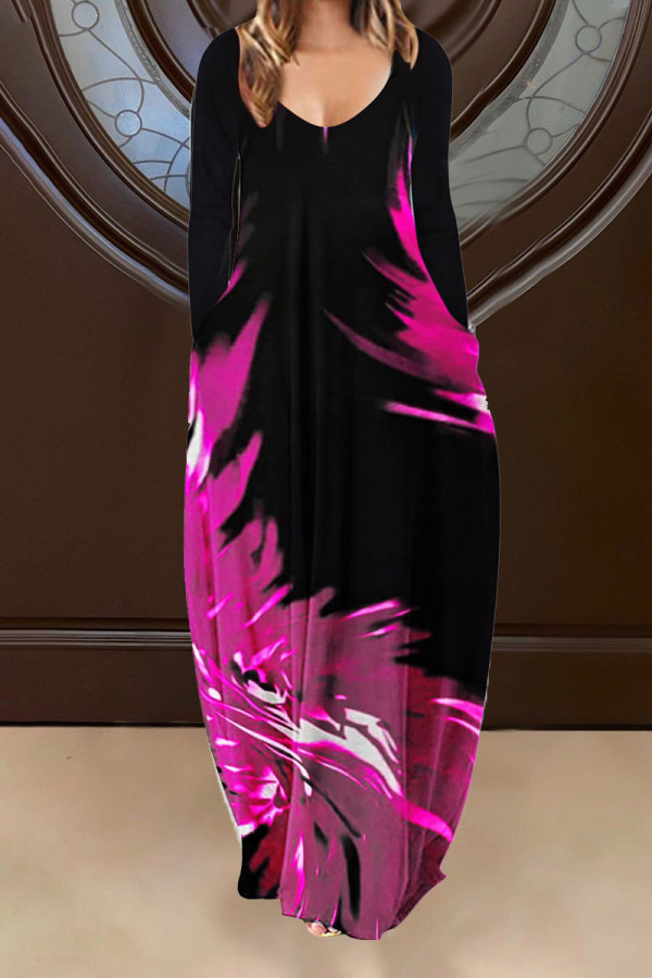Rose Red Casual Print Patchwork V Neck Long Sleeve Dresses