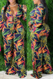 Blue Fashion Casual Print Bandage V Neck Long Sleeve Two Pieces