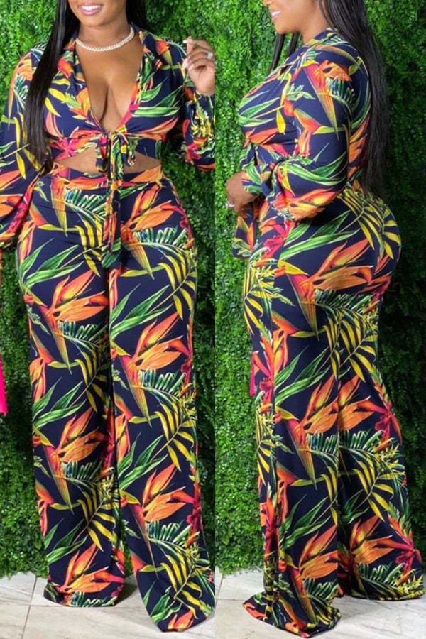 Blue Fashion Casual Print Bandage V Neck Long Sleeve Two Pieces