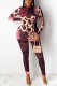 Wine Red Casual Print Patchwork O Neck Long Sleeve Two Pieces