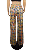 Khaki Casual Plaid Print Patchwork Straight High Waist Straight Full Print Bottoms
