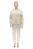 Cream White Fashion Casual Solid Split Joint Hooded Collar Long Sleeve Two Pieces
