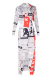White Fashion Street Print Slit Turndown Collar Irregular Dresses